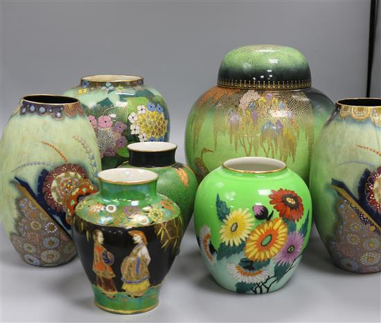 Carltonware Verte Royale and green ground wares - a Mikado crane ginger jar and cover and six vases including Bell pattern (7)